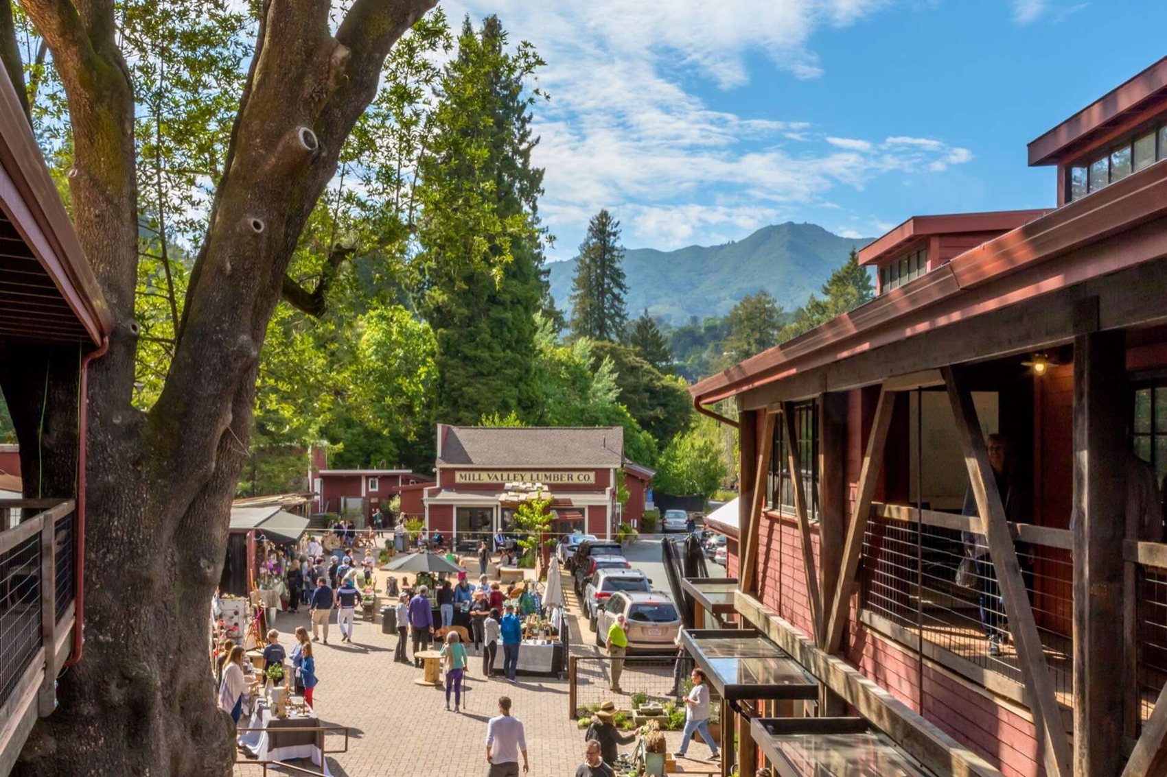 The red barn buildings and courtyard of the Mill Valley Lumber Yard, with Mount Tamalpais behind