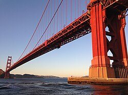 Golden Gate Bridge seen from below at the waterline