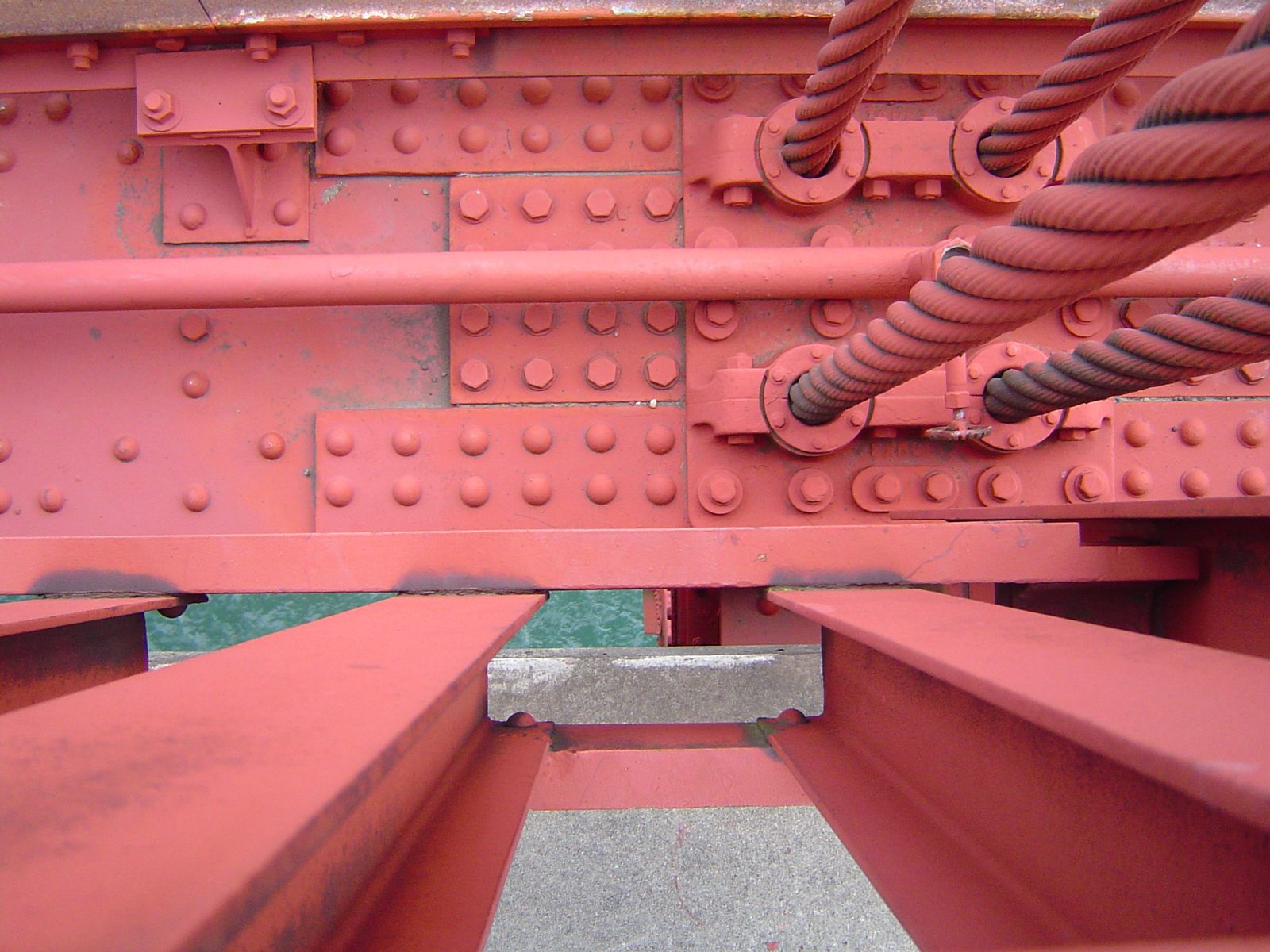 Looking up through the steelwork of a Golden Gate Bridge tower
