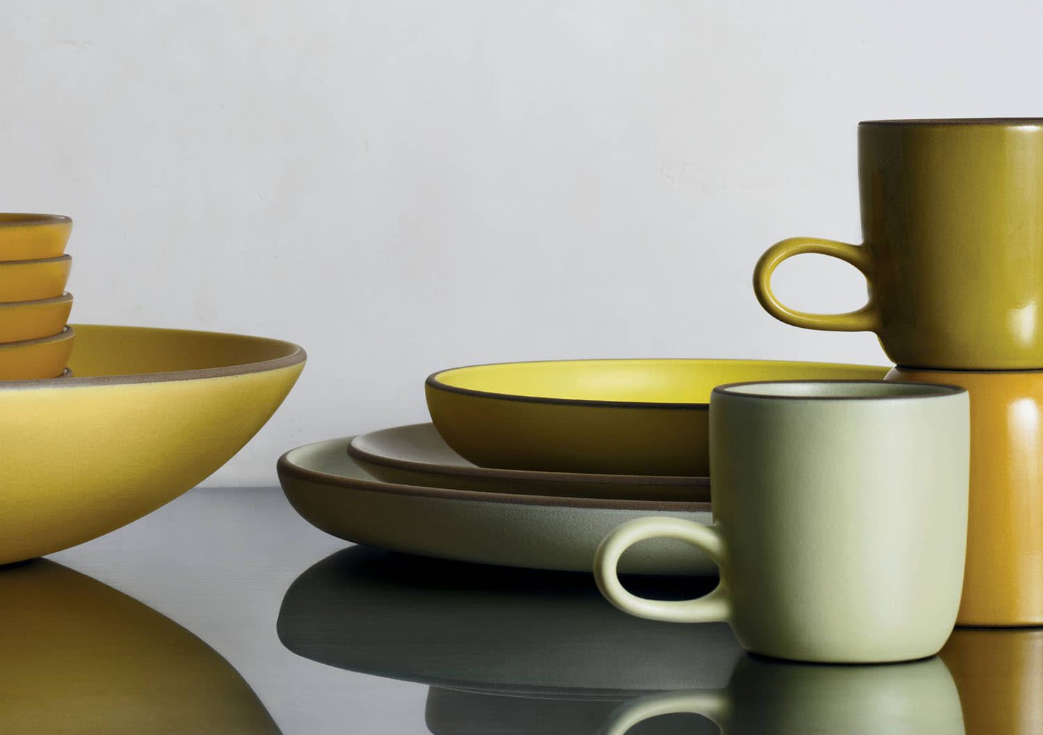 A tonal yellow grouping of Heath Ceramics