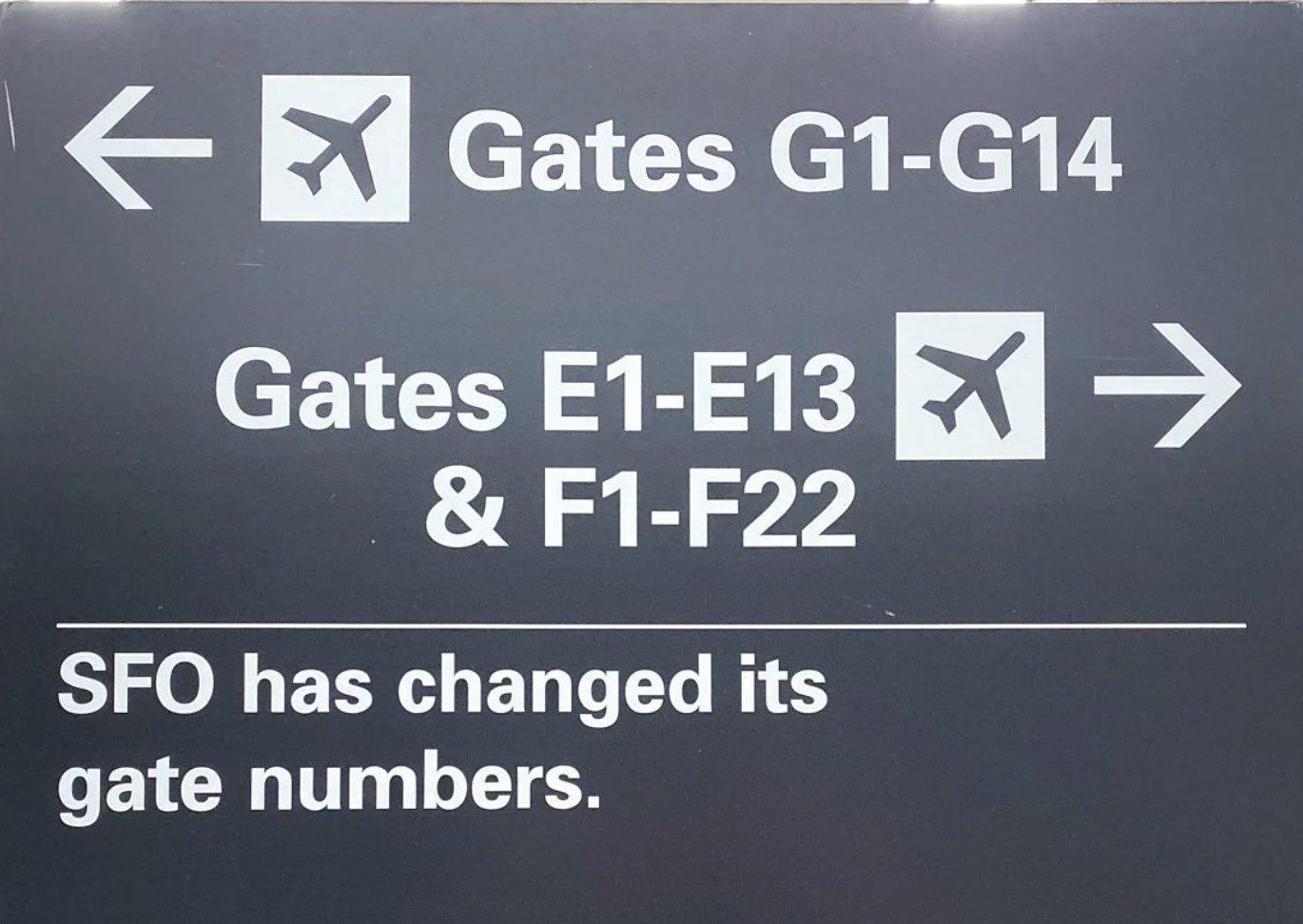 An SFO gate sign in white on charcoal, aircraft pictograms and arrows sending Gates G1 to G14 one way and Gates E1 to E13 and F1 to F22 the other, with a line noting that SFO has changed its gate numbers