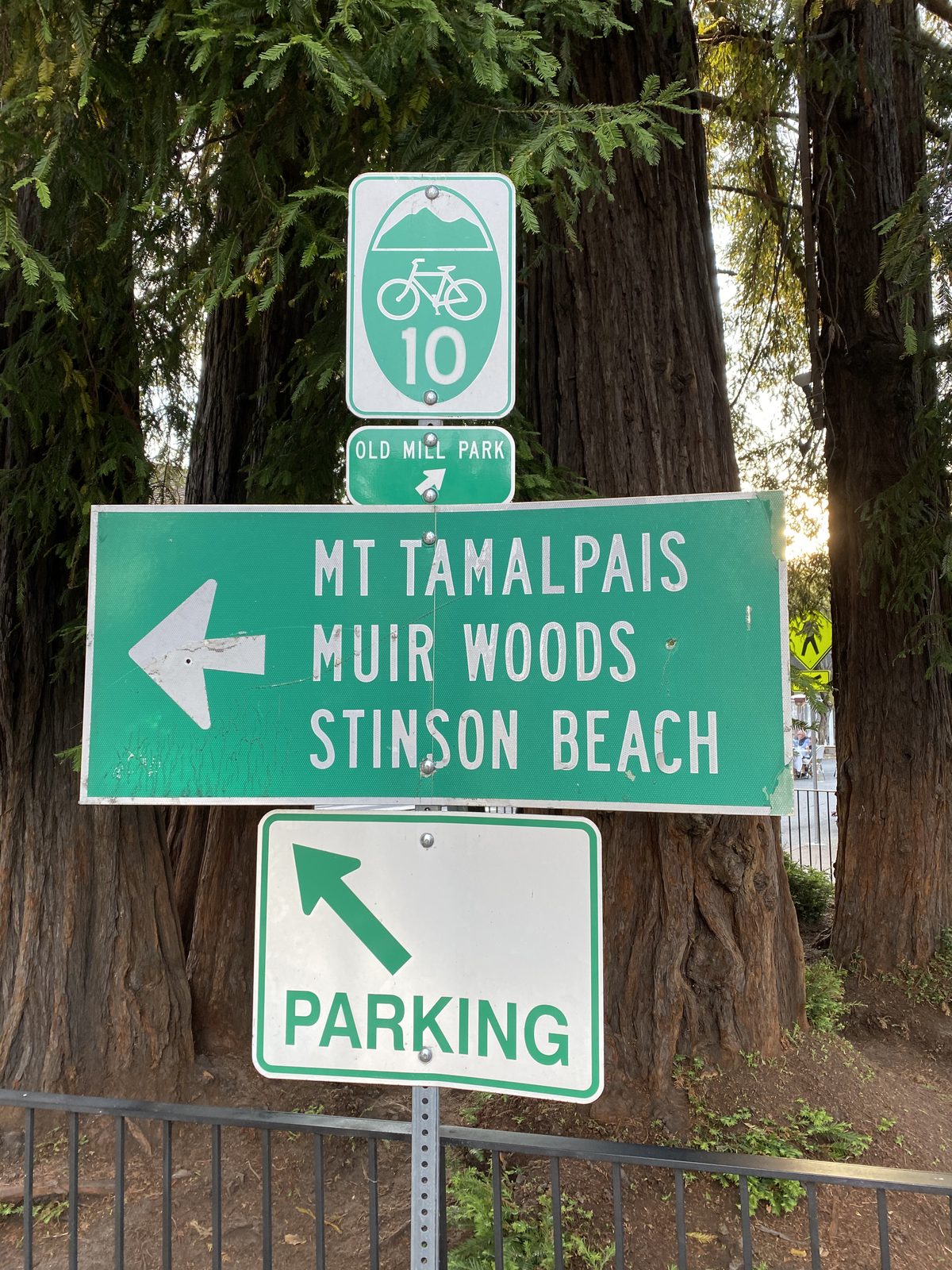 A green California road sign pointing to Mt Tamalpais, Muir Woods and Stinson Beach, set against redwood trunks