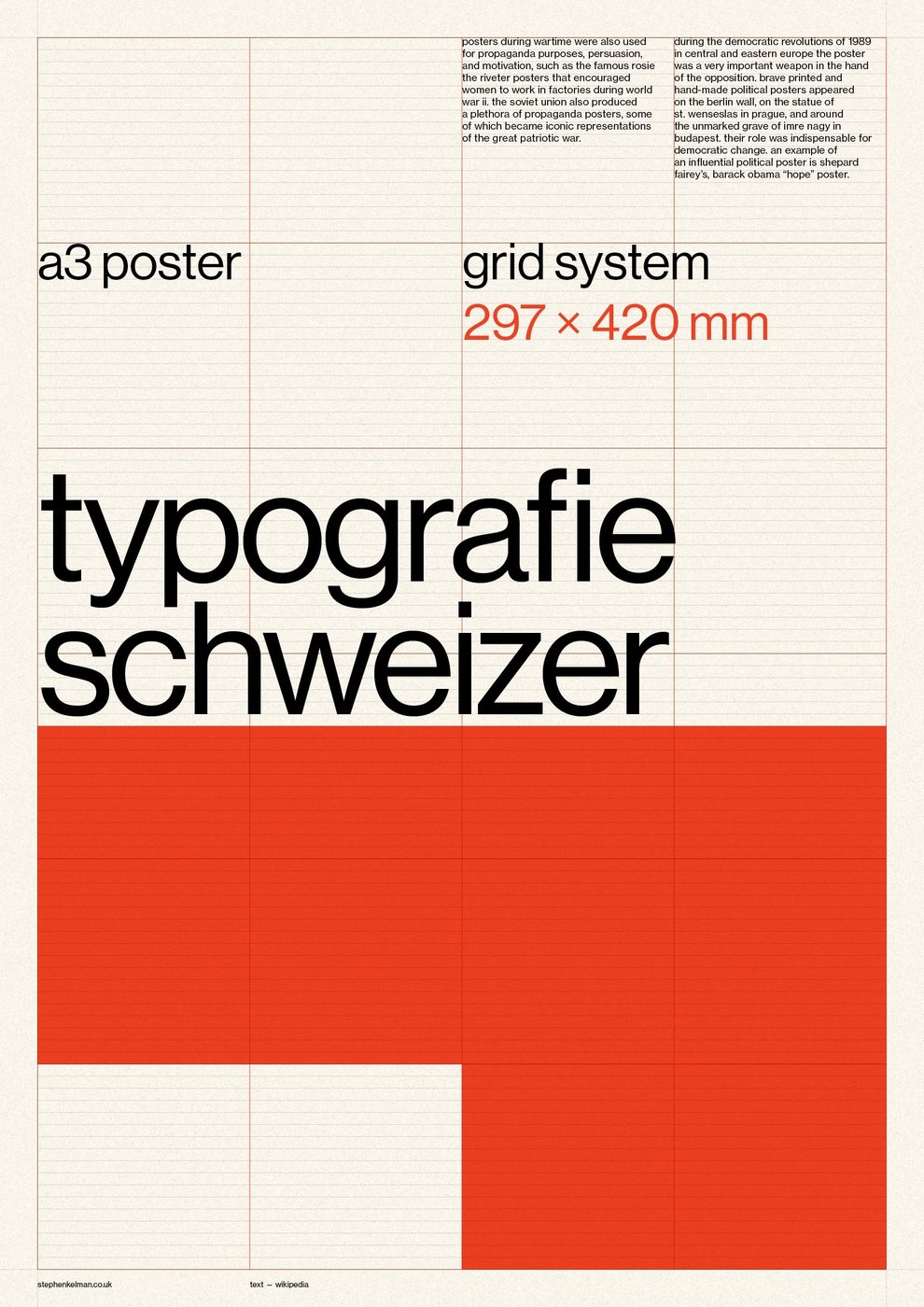 An A3 poster grid system in warm off-white and orange, headed typografie schweizer, with the baseline grid and column rules left visible in red