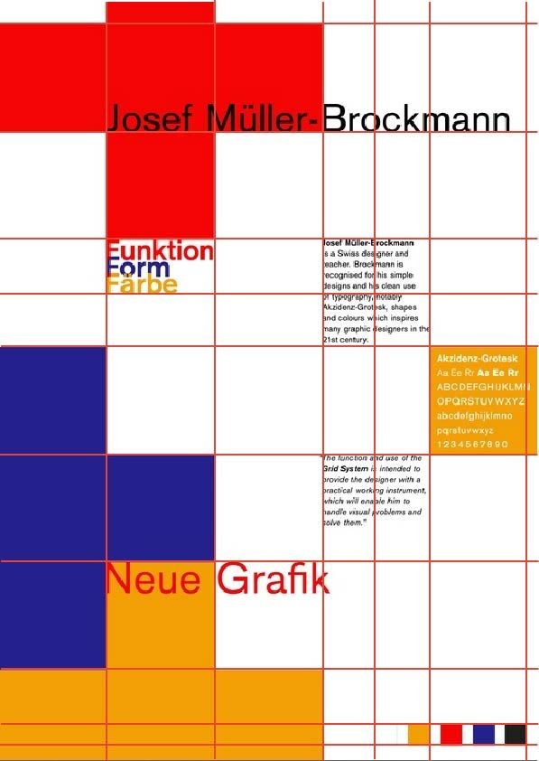 A study poster on Josef Muller-Brockmann in red, blue and orange blocks on a red grid, with an Akzidenz-Grotesk specimen panel