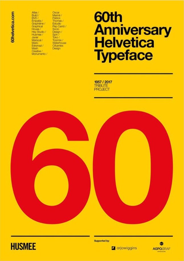 A tribute poster for the 60th anniversary of Helvetica, a vast red 60 on a yellow ground with the title set tight in the typeface itself, and the contributing studios listed in a narrow column down the left