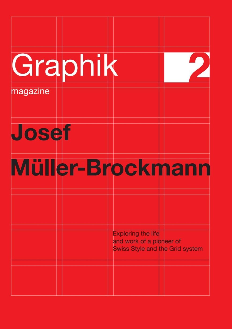 A red Graphik magazine cover on Josef Muller-Brockmann, the headline and subhead aligned to a visible white column grid