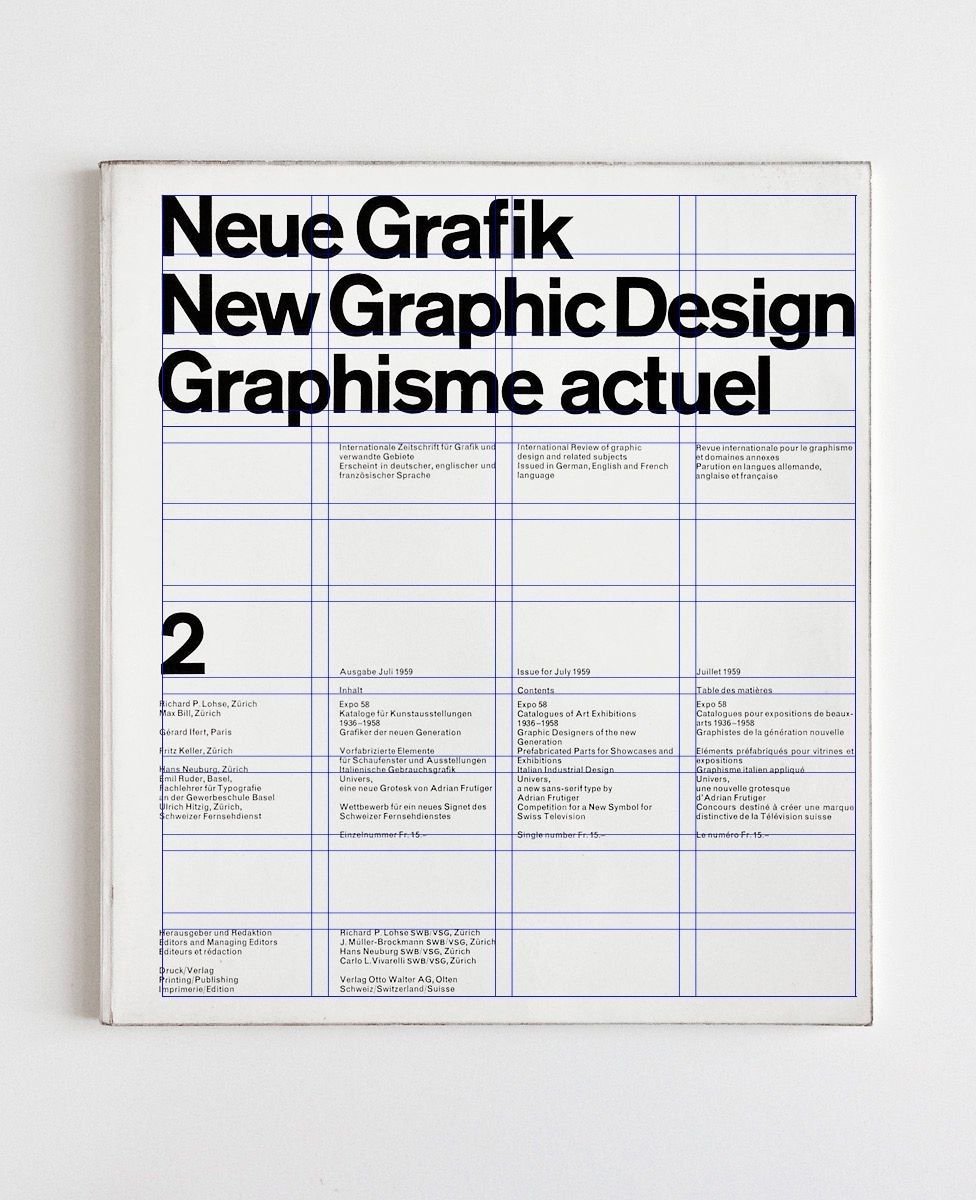 The cover of Neue Grafik, New Graphic Design, issue 2 from July 1959, its trilingual masthead and contents set on a visible blue grid