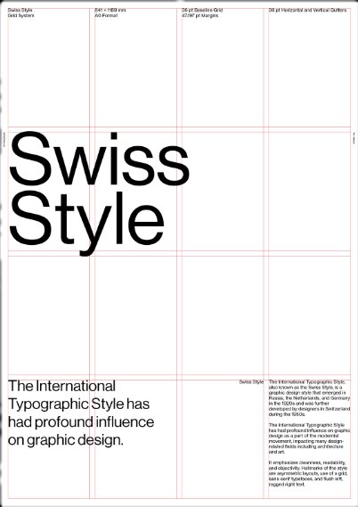 An A0 Swiss Style grid system sheet, the words Swiss Style set large over a fine red column and baseline grid, with specification notes along the top
