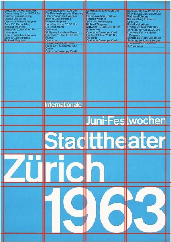 A 1963 poster for the Internationale Juni-Festwochen at the Stadttheater Zurich, white type on blue over a red grid, the year set very large